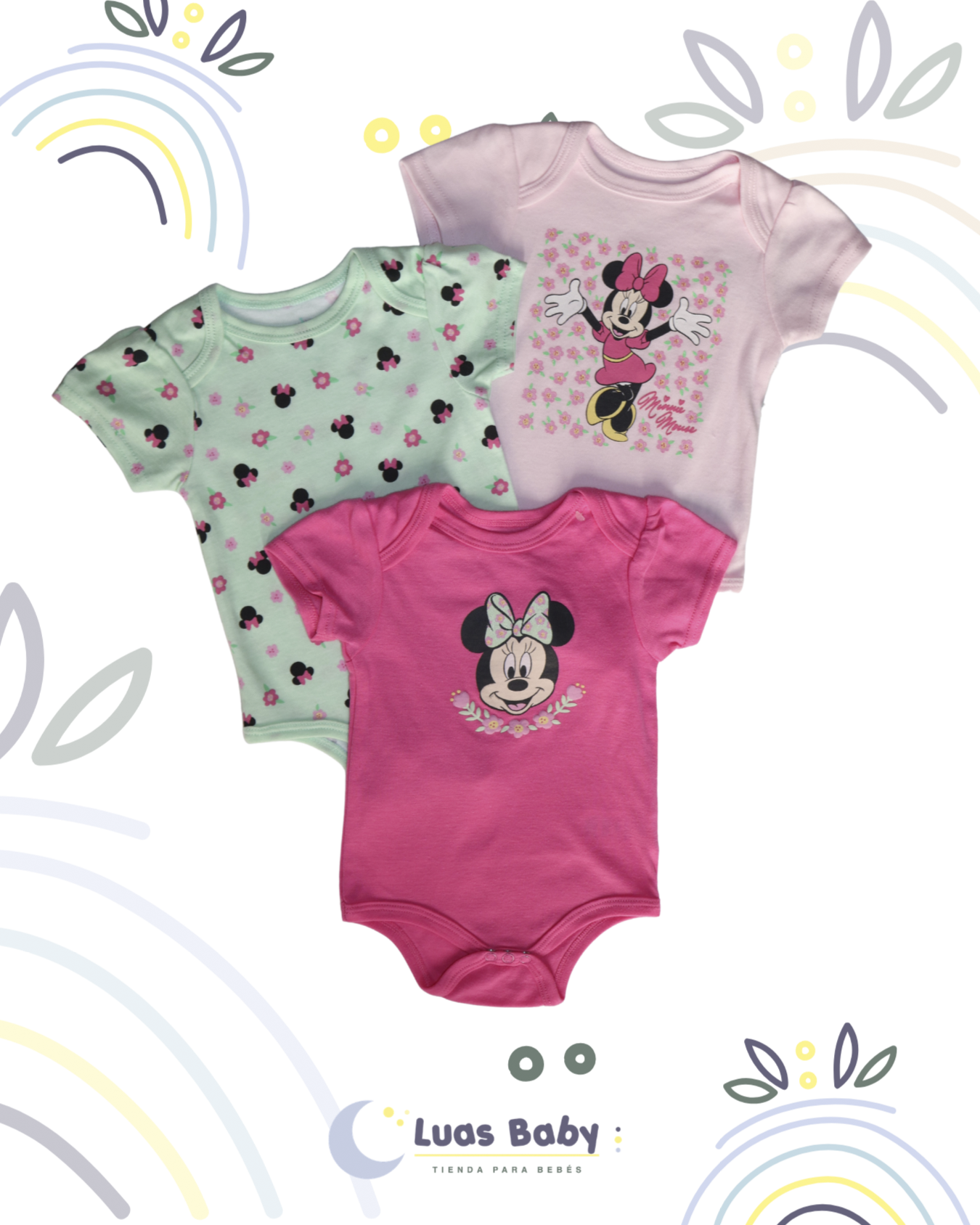 Pack 3 Bodies Minnie Mouse Verde + Rosa + Fucsia