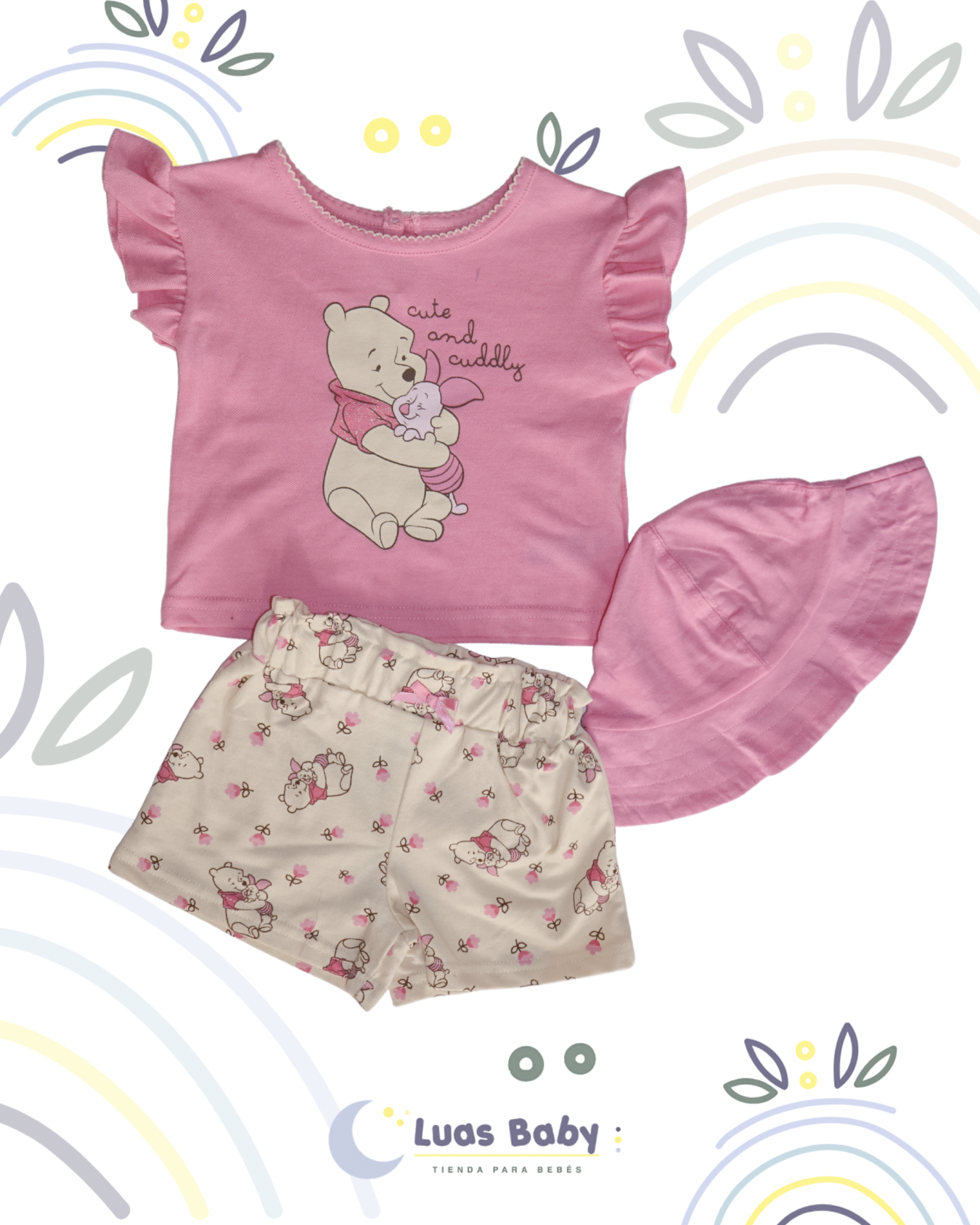 Conjunto 3 Piezas Winnie Pooh Top + Short + Gorro Rosa